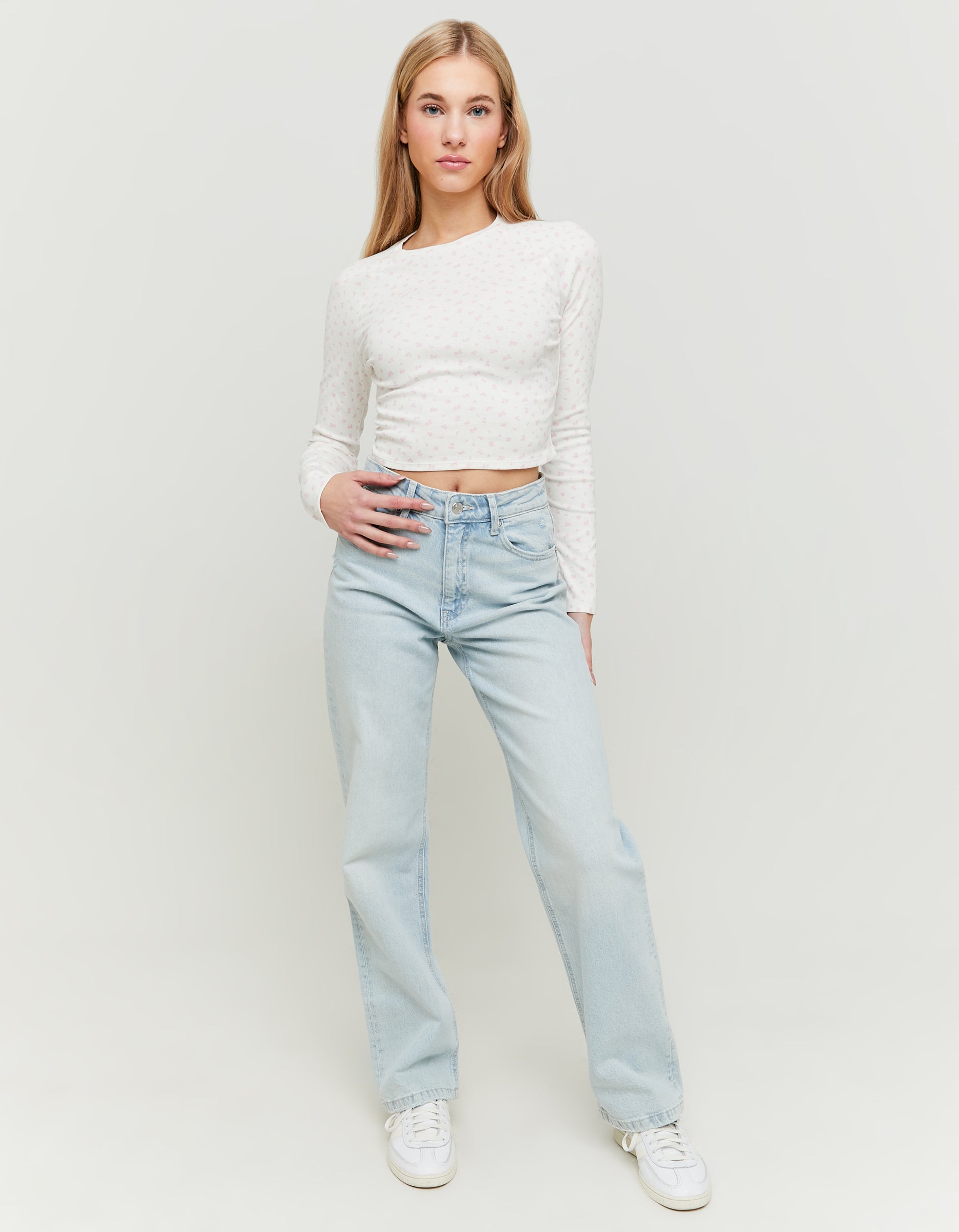 Ladies High Waist Straight Leg Blue Denim Jeans-Model Front View