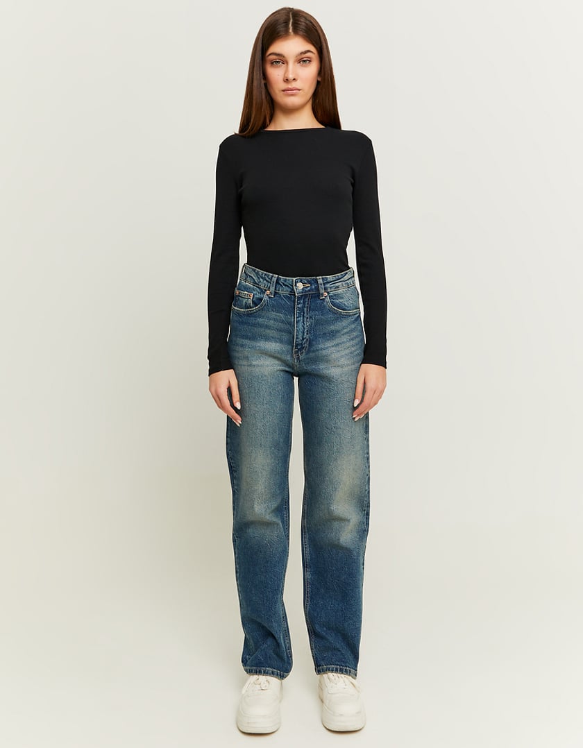 Ladies High Waist Blue Jeans With Straight Legs-Model Full Front View