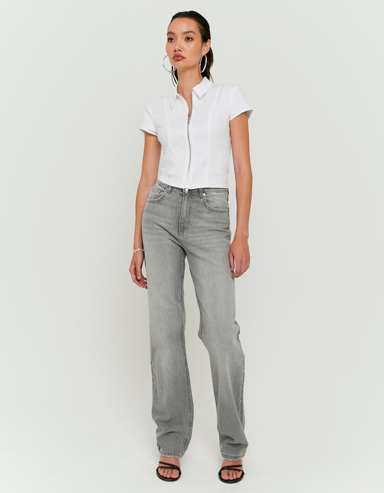 Ladies Grey High-Waist Straight Leg Jeans-Model Full Front View