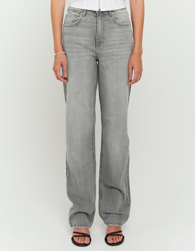 Ladies Grey High-Waist Straight Leg Jeans-Closer View of the Front