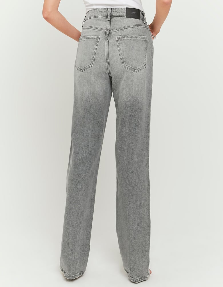 Ladies Grey High-Waist Straight Leg Jeans-Model Back View