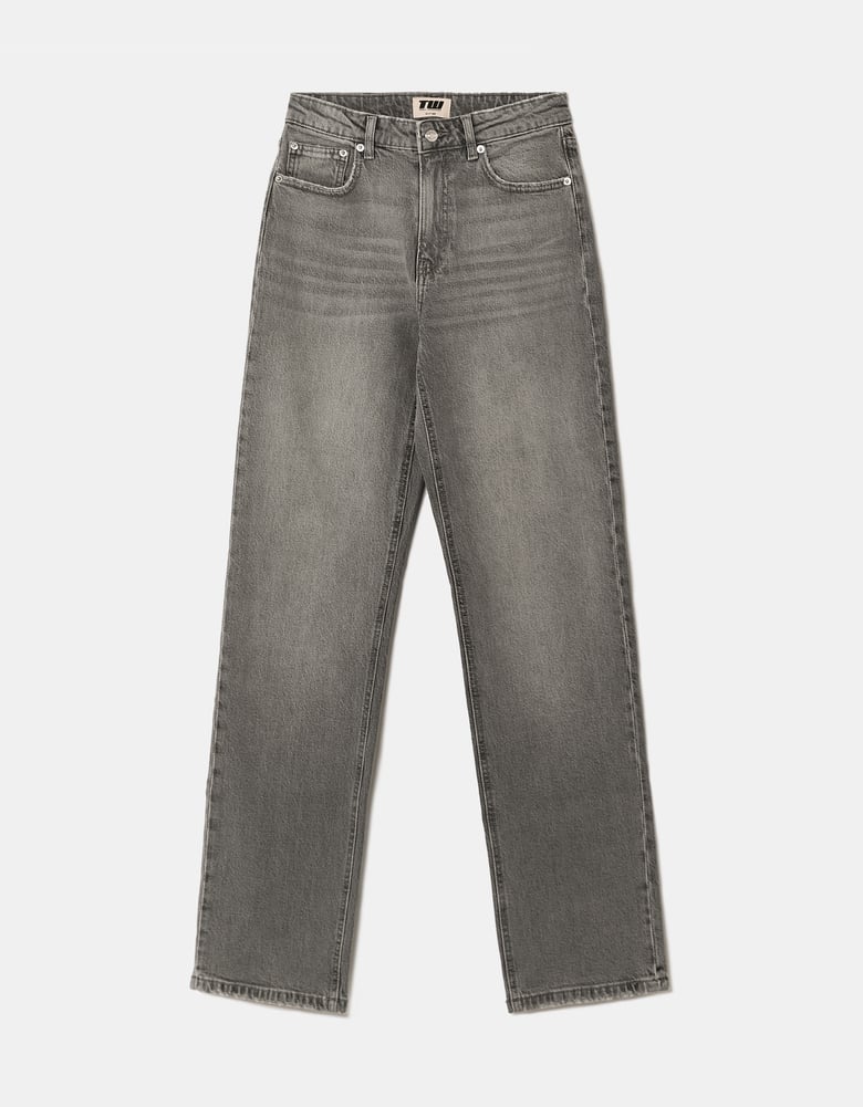 Ladies Grey High-Waist Straight Leg Jeans-Ghost Front View