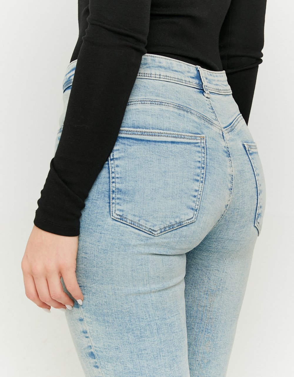 Ladies Mid Waist Push Up Skinny Jeans-Back Pocket View