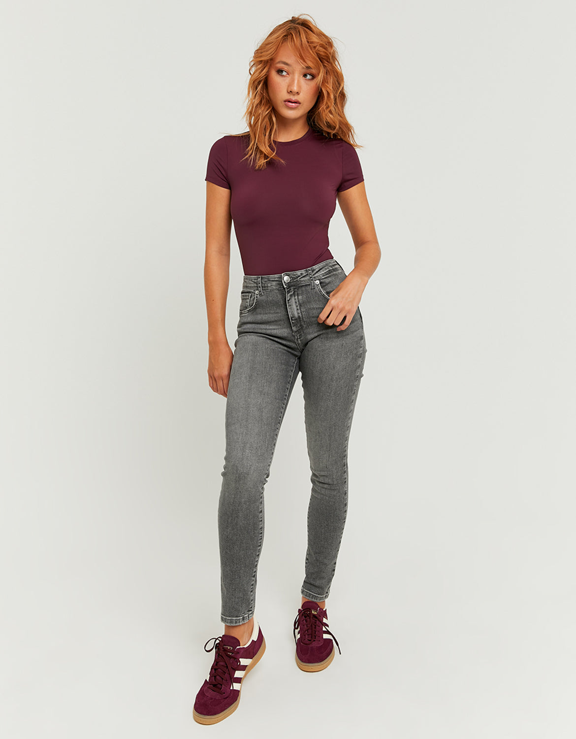 Ladies Mid Waist Skinny Push Up Jeans - Grey-Model Full Front View