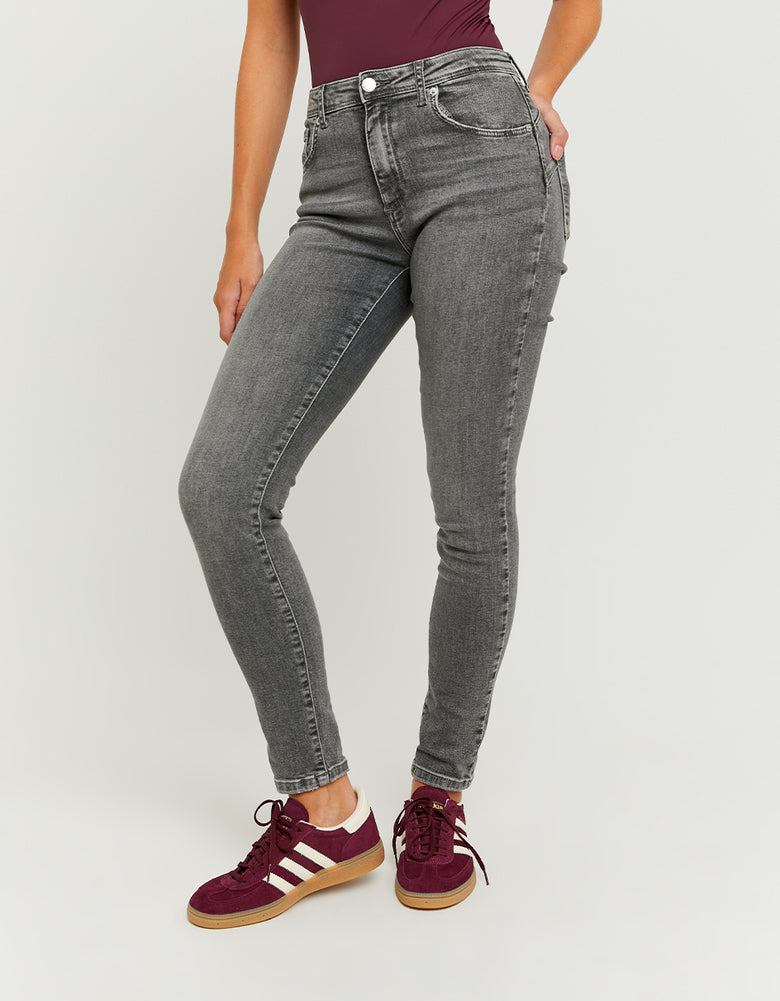 Ladies Mid Waist Skinny Push Up Jeans - Grey-Closer View of the Front