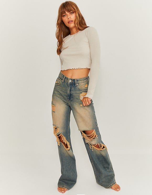 Ladies Destroyed Wide Leg Jeans-Model Full Front View
