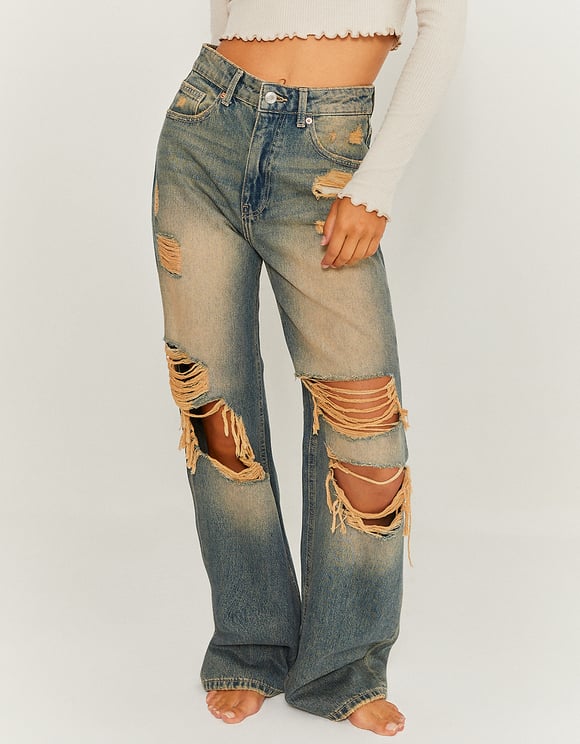 Ladies Destroyed Wide Leg Jeans-Front View