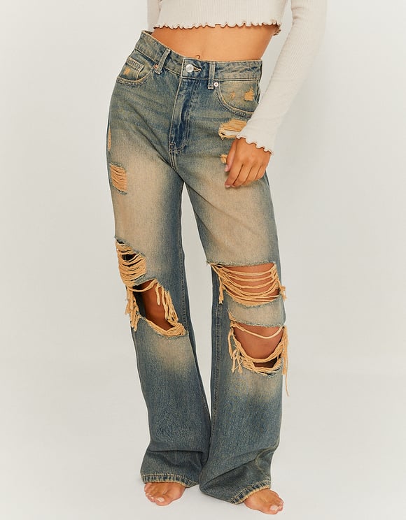 Front view of women's destroyed wide leg jeans