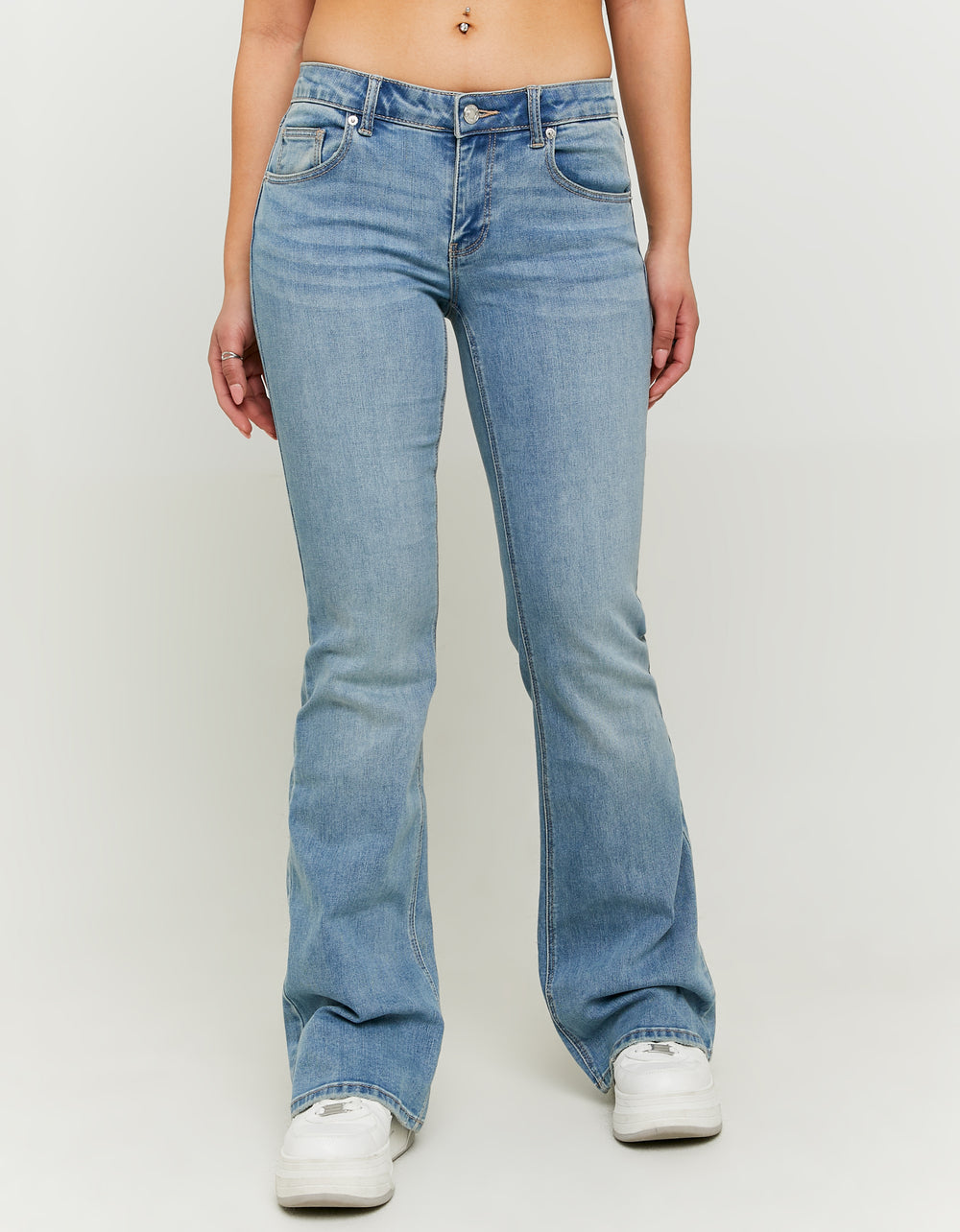 Ladies Blue Low-Waist Bootcut Jeans-Model Front View