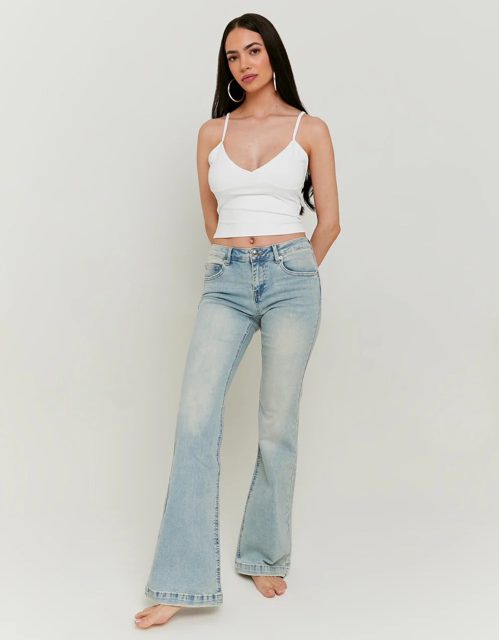 Ladies Light Wash Low Waist Bootcut Jeans-Model Full Front View