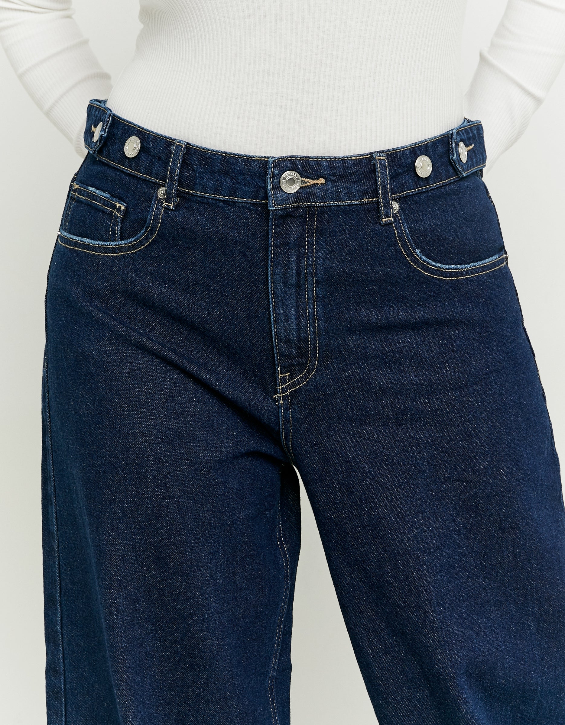 Ladies Dark Wash Skater Jeans With Waist Detail-Waist View