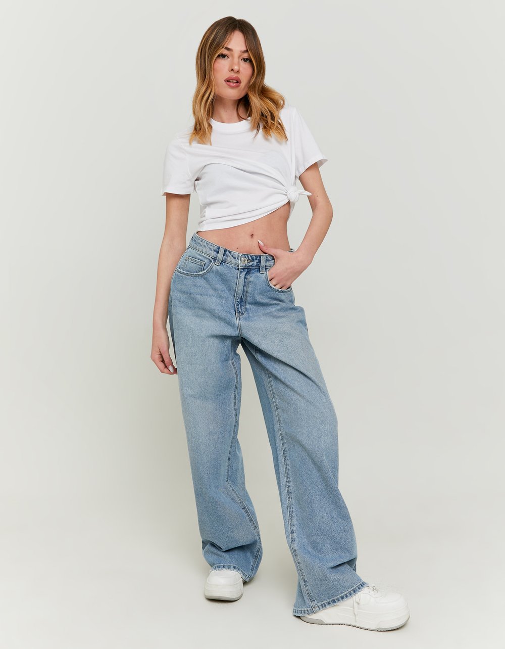 Ladies Mid-Waist Blue Baggy Jeans-Model Full Front View