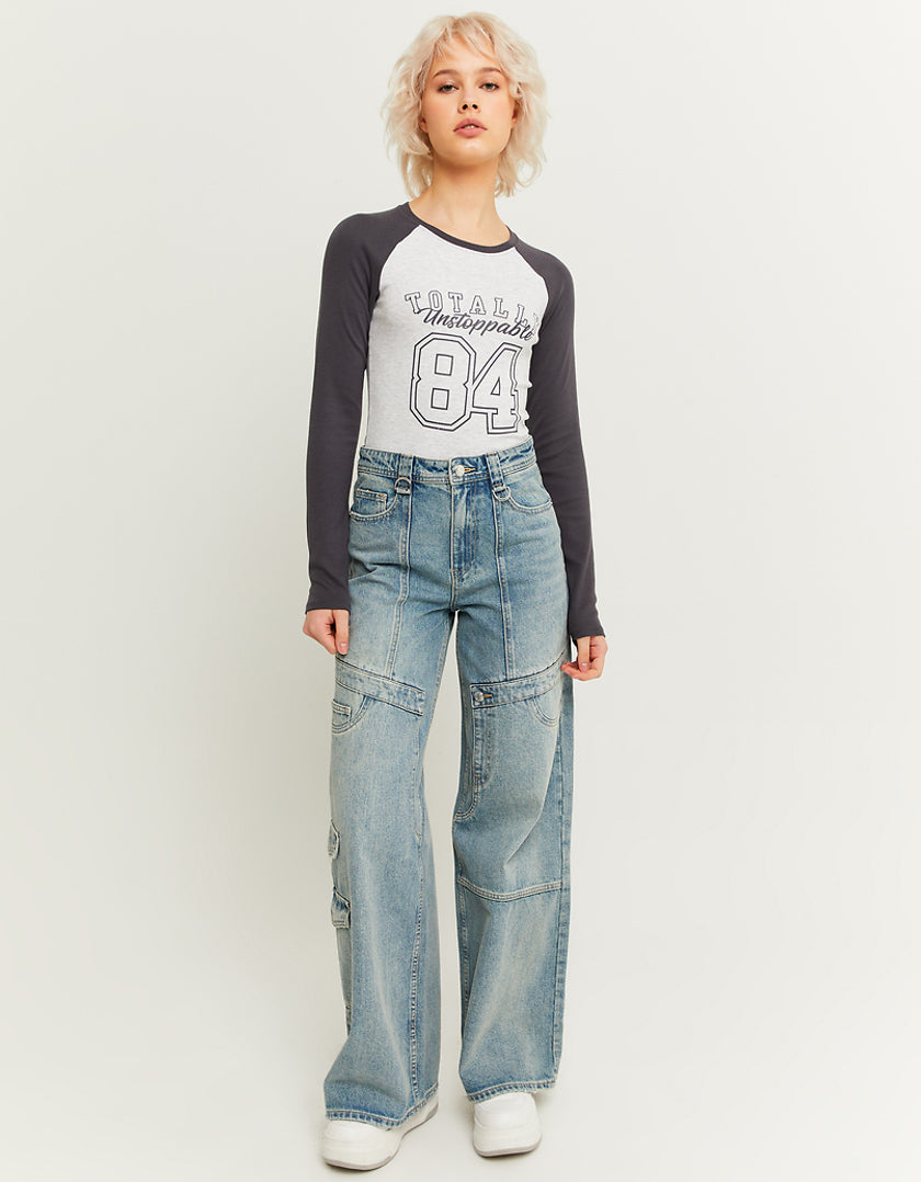 Ladies High Waist Blue Cargo Wide Leg Jeans-Model Full Front View