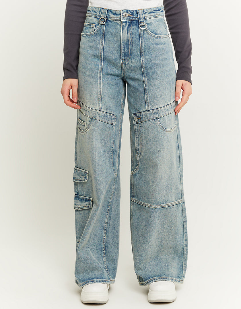 Tally Weijl High Waist Blue Cargo Wide Leg Jeans BLUE front view