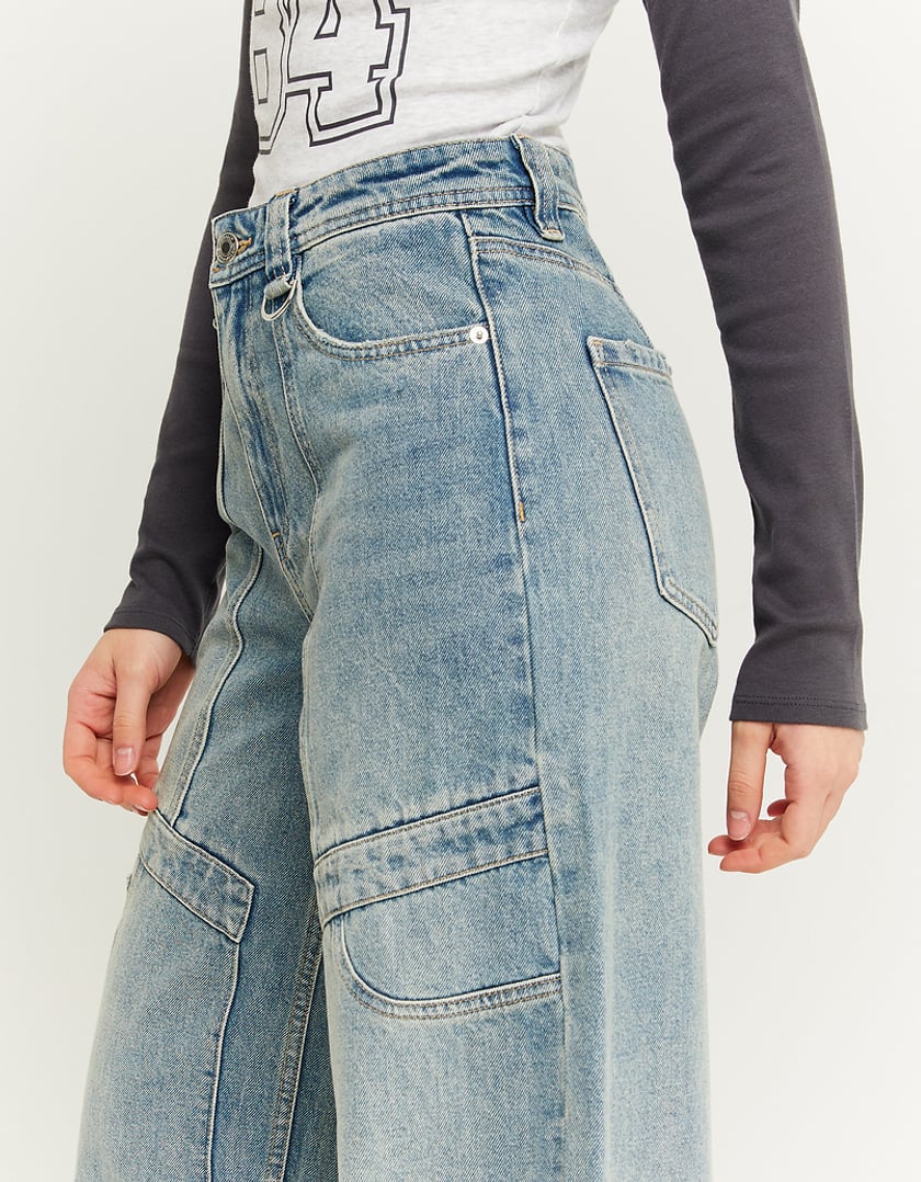 Ladies High Waist Blue Cargo Wide Leg Jeans-Waist View