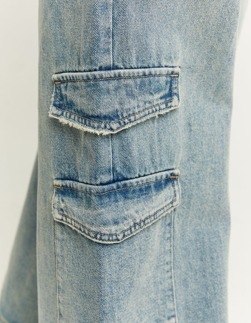 Ladies High Waist Blue Cargo Wide Leg Jeans-Side Pockets