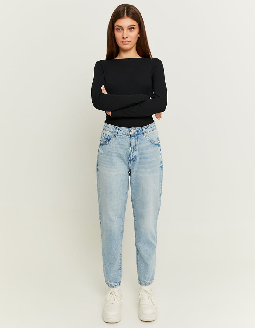 Ladies Comfortable Stretch Mom Jeans-Model Full Front View