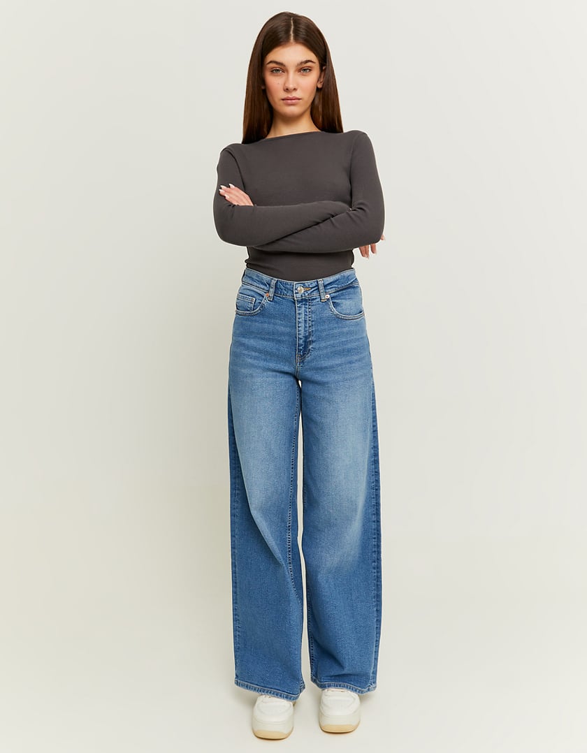 Ladies High Waist Wide Leg Jeans-Model Full Front View