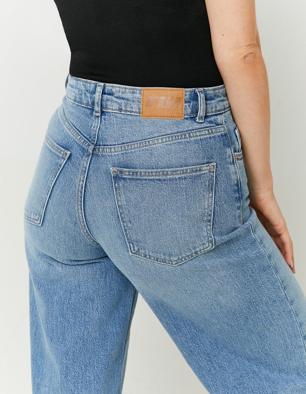 Ladies Blue High Waist Wide Leg Jeans-Back Pocket View