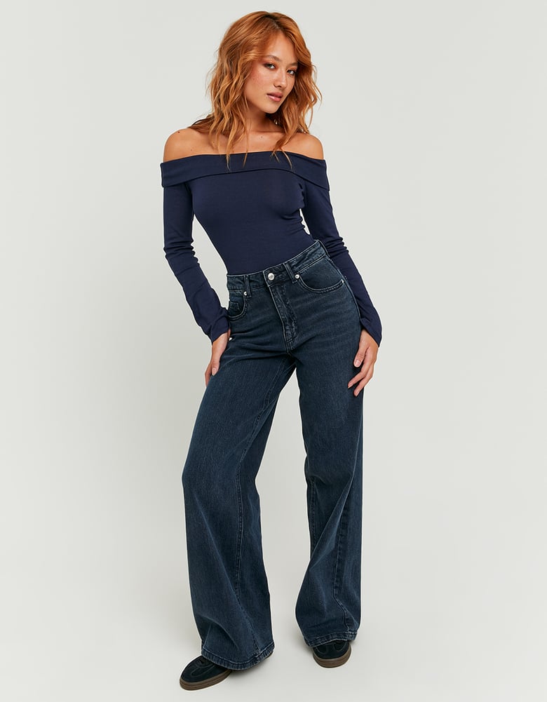 Ladies Blue Wide Leg High Waist Jeans-Model Full Front View