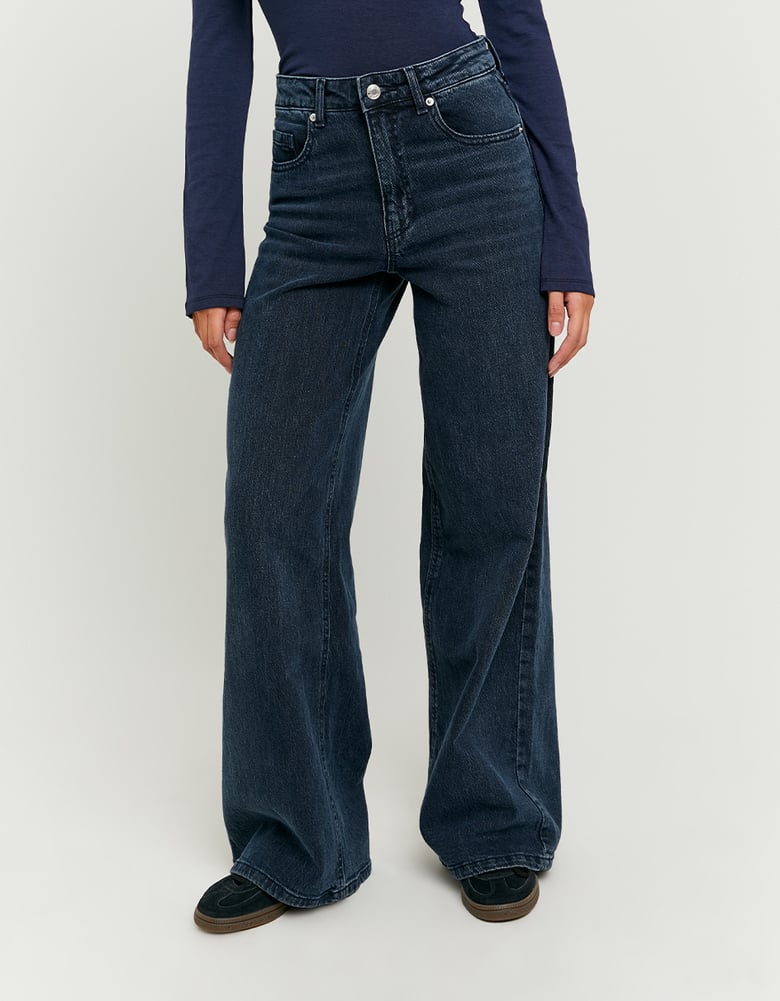 Ladies Blue Wide Leg High Waist Jeans-Closer View of the Front