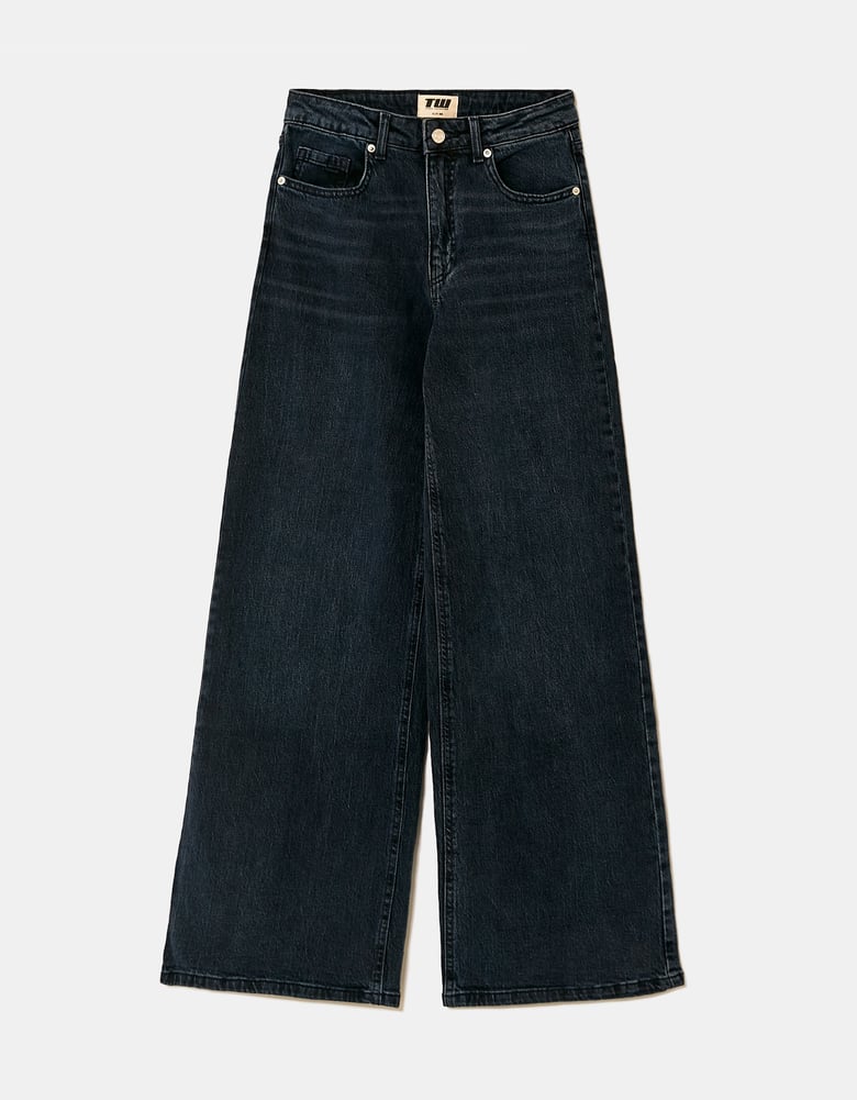 Ladies Blue Wide Leg High Waist Jeans-Ghost Front View