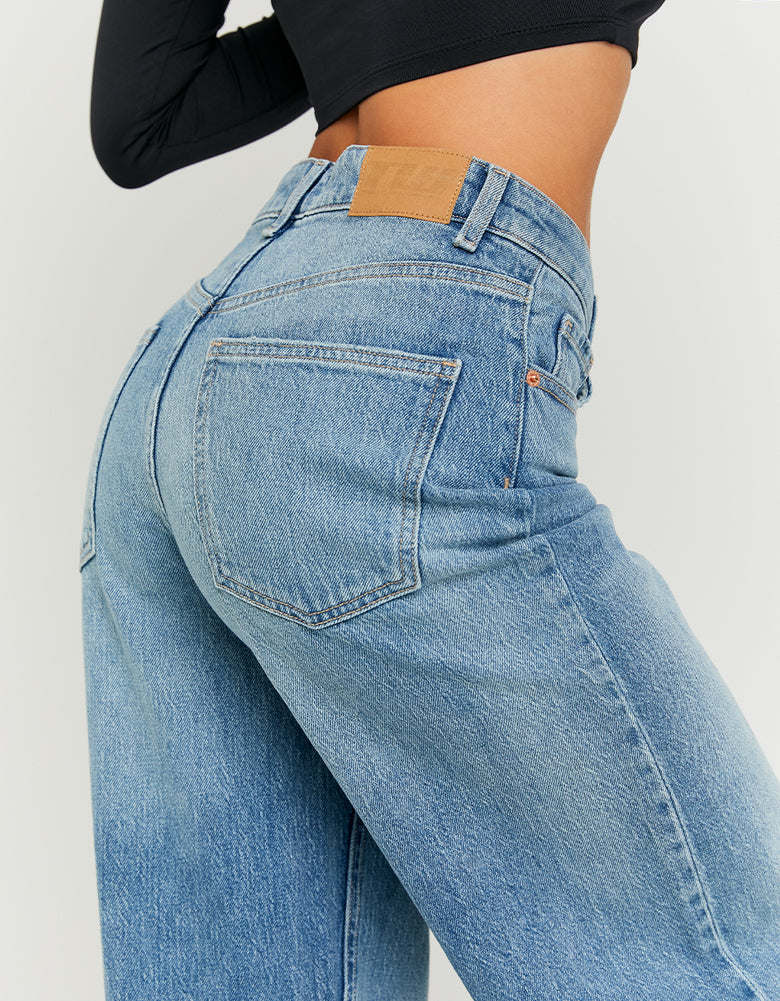 Ladies High Waist Blue Wide Leg Jeans-Back Pocket View