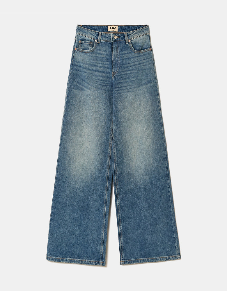 Ladies High Waist Blue Wide Leg Jeans-Ghost Front View