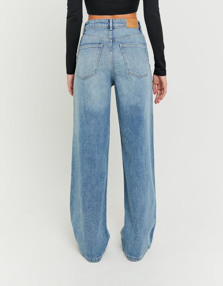 Ladies High Waist Blue Wide Leg Jeans-Full Back View