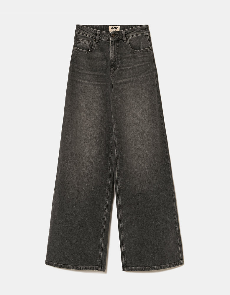 Ladies Grey High Waist Wide Leg Jeans-Ghost Front View