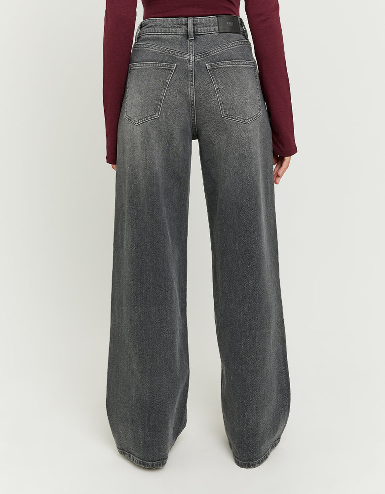 Ladies Grey High Waist Wide Leg Jeans-Back View