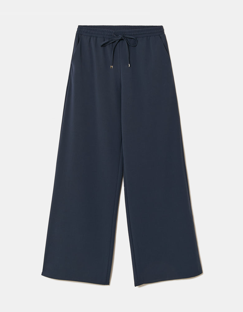 Ladies Wide Leg Blue Mid Waist Jogger-Ghost Front View