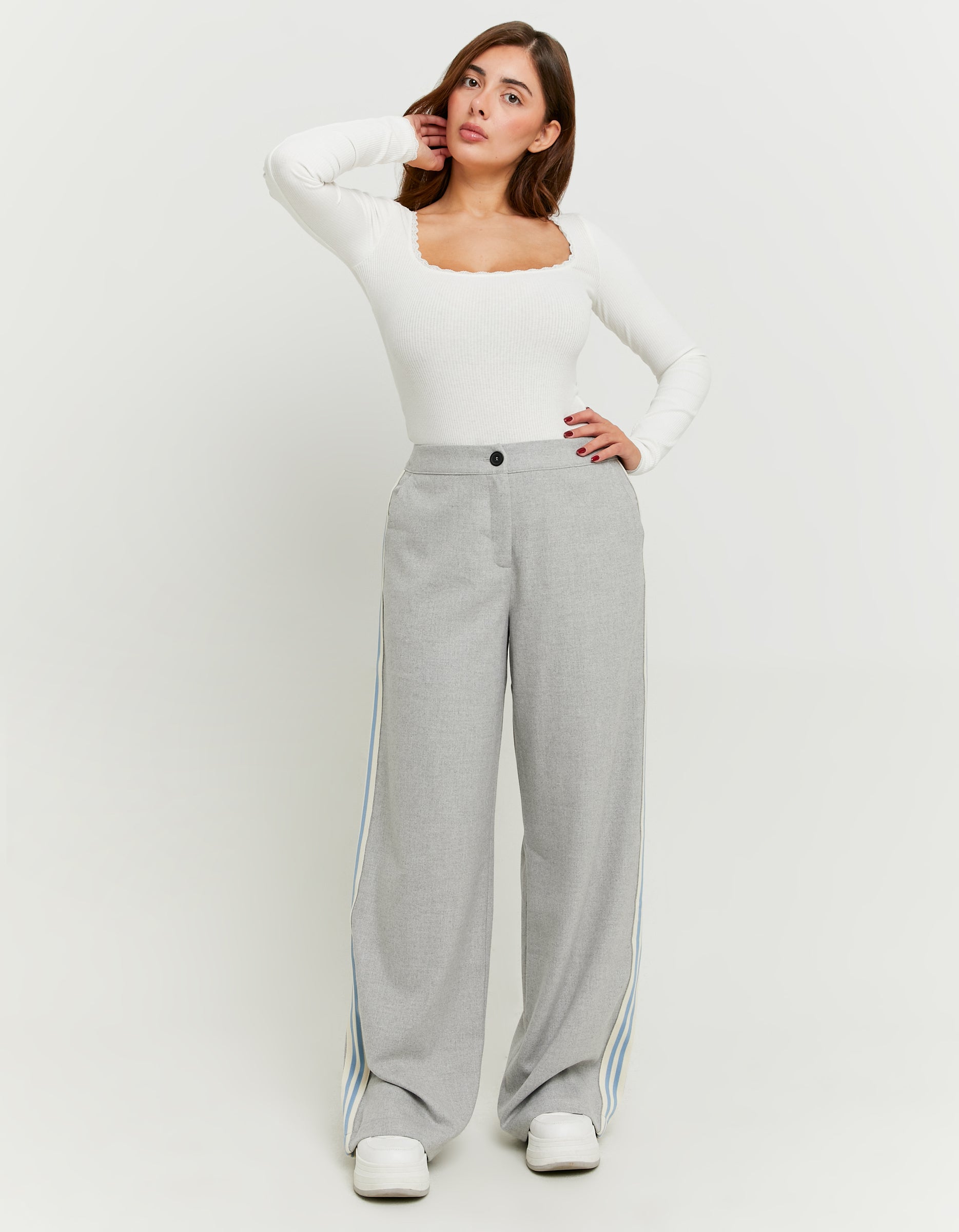 Ladies Grey Tailoring Wide Leg Trousers With Side Bands-Model Full Front View