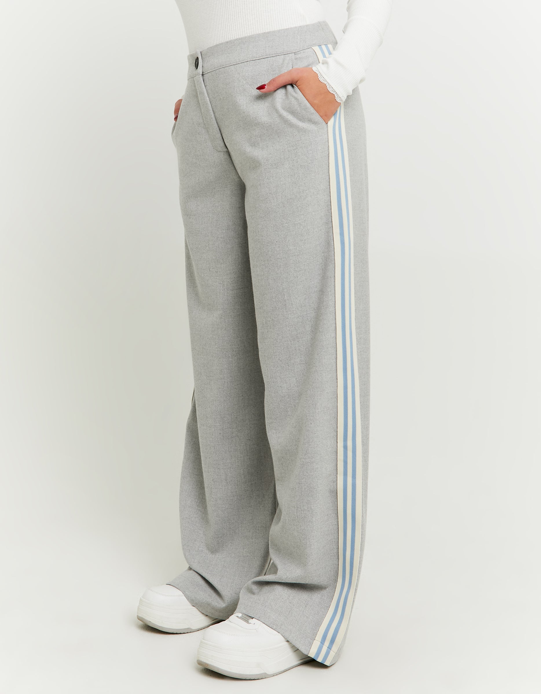 Ladies Grey Tailoring Wide Leg Trousers With Side Bands-Side View