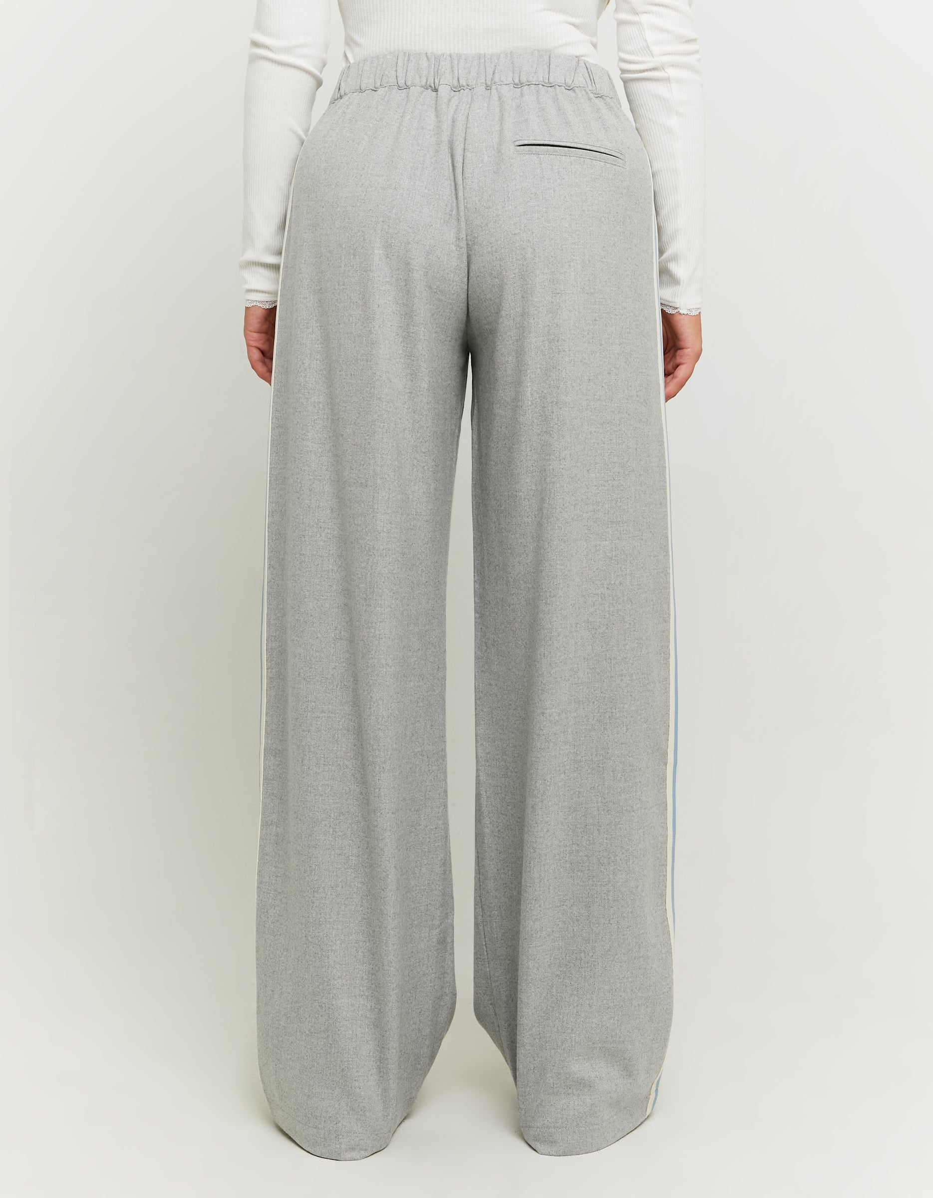 Ladies Grey Tailoring Wide Leg Trousers With Side Bands-Model BackView