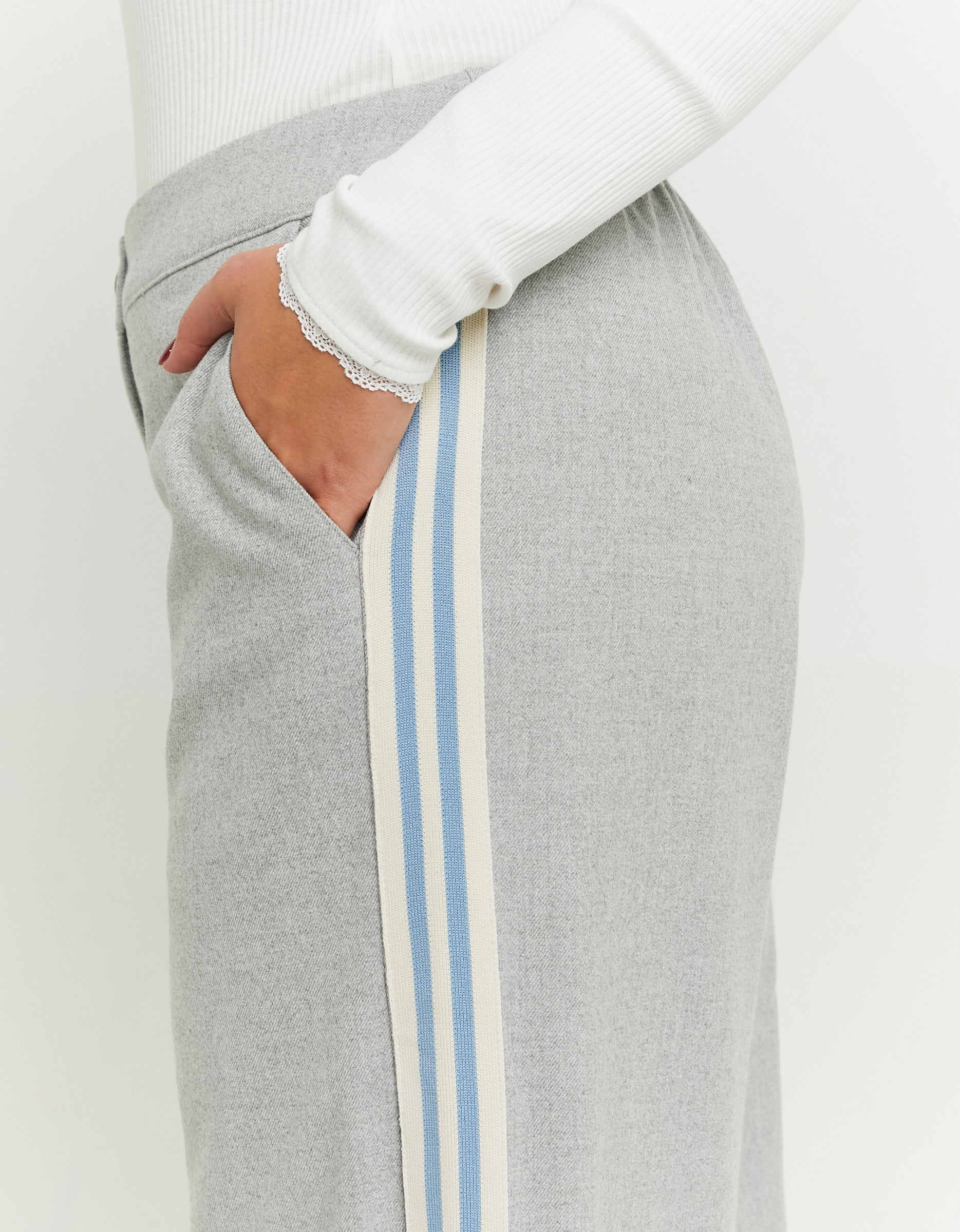 Ladies Grey Tailoring Wide Leg Trousers With Side Bands-Band Side View