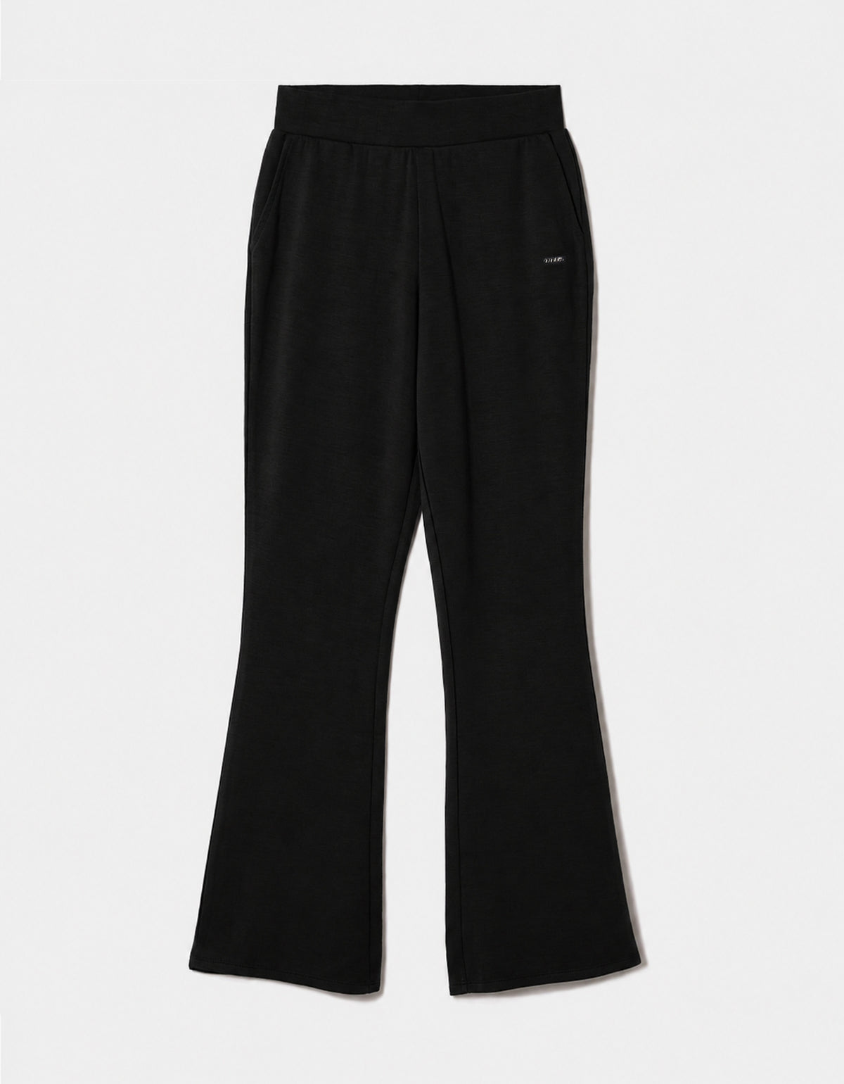 Tally Weijl black flared trousers in a front flat - lay view showing the elasticated waist and pockets