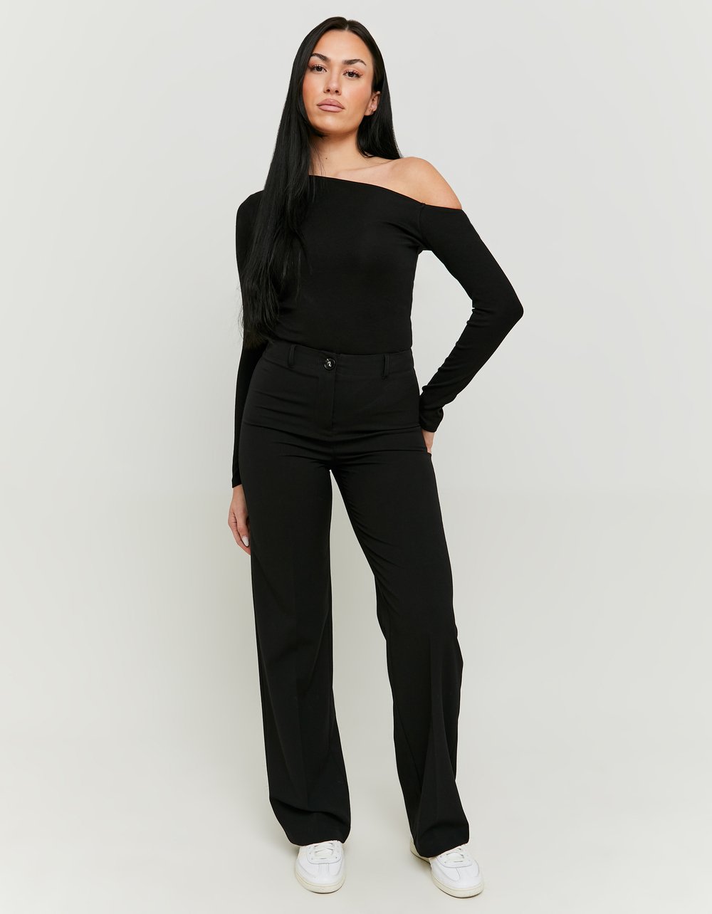 Ladies Black Mid Waist Straight Trousers-Model Full Front View