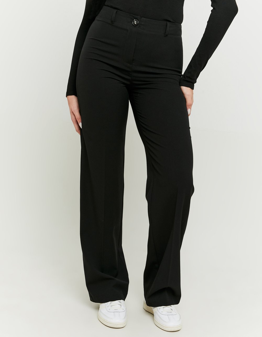 Ladies Black Mid Waist Straight Trousers-Model Front View