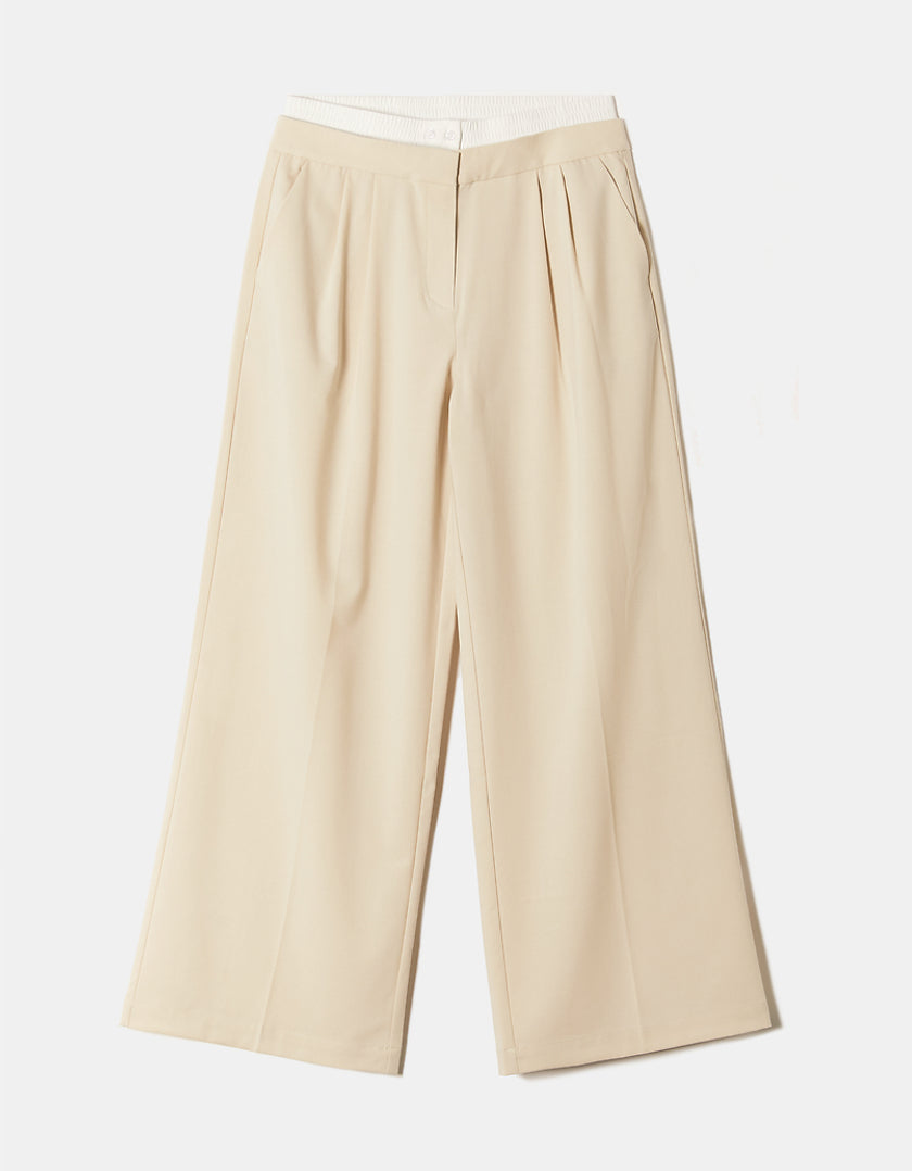 Double Waist Beige Wide Leg Trousers