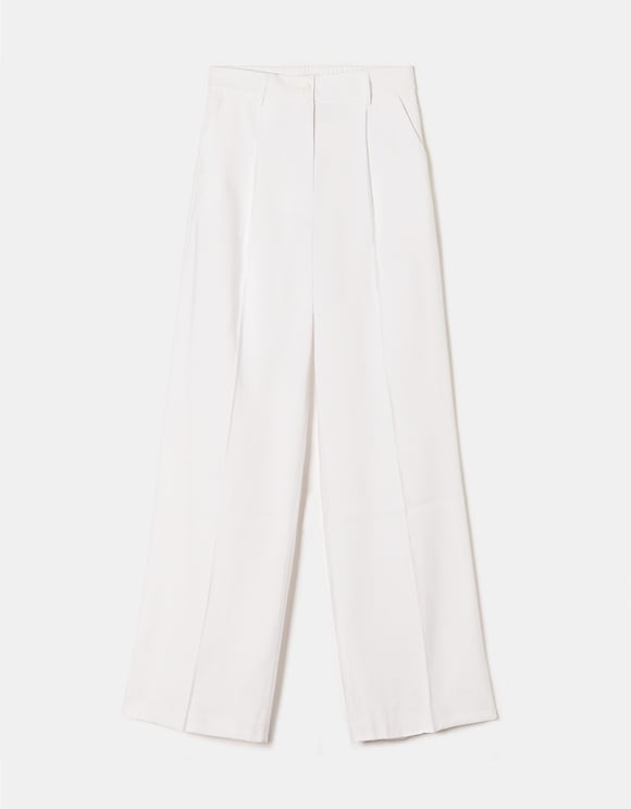 Ladies High Waist White Wide Leg Trousers-Front View