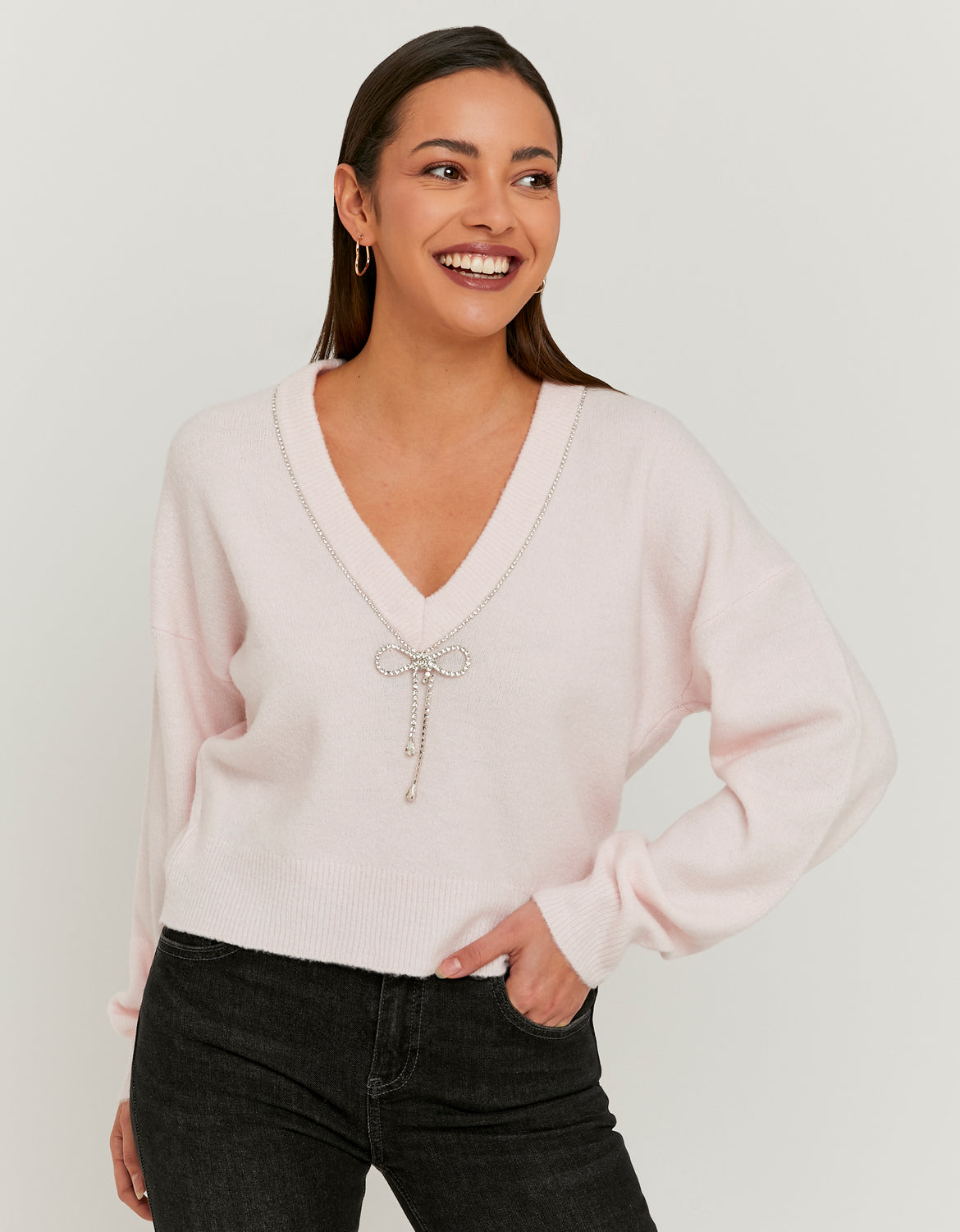 Tally Weijl Pink Knitted Jumper With Strass Bow Pink model front view
