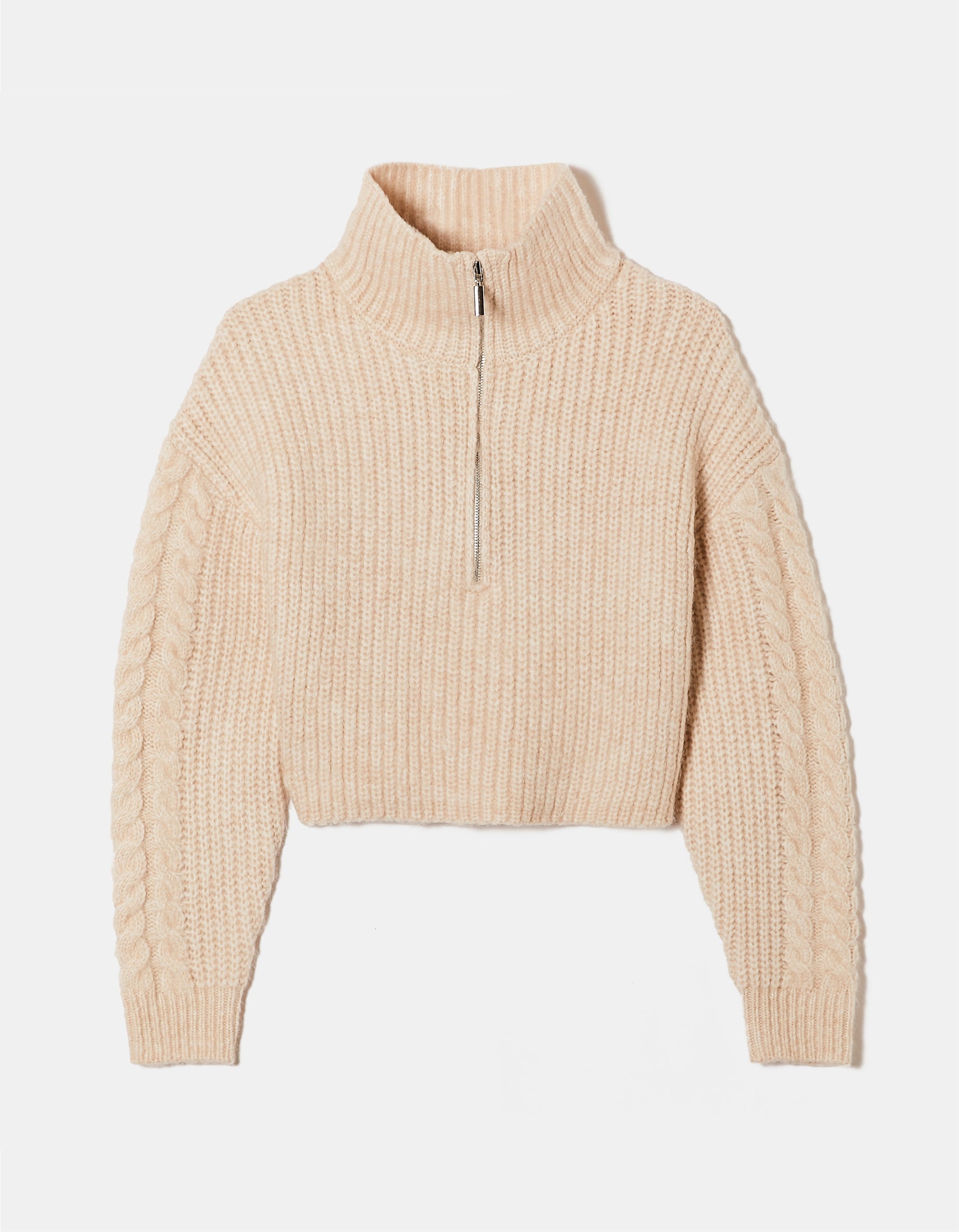 Front view of cropped white zip-up jumper