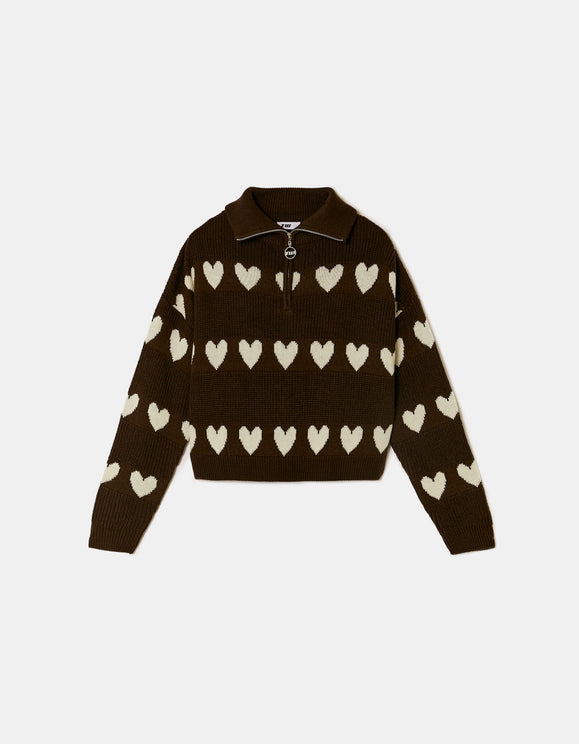 Tally Weijl Brown Knitted Zip Up Jumper with Hearts Brown/White back view