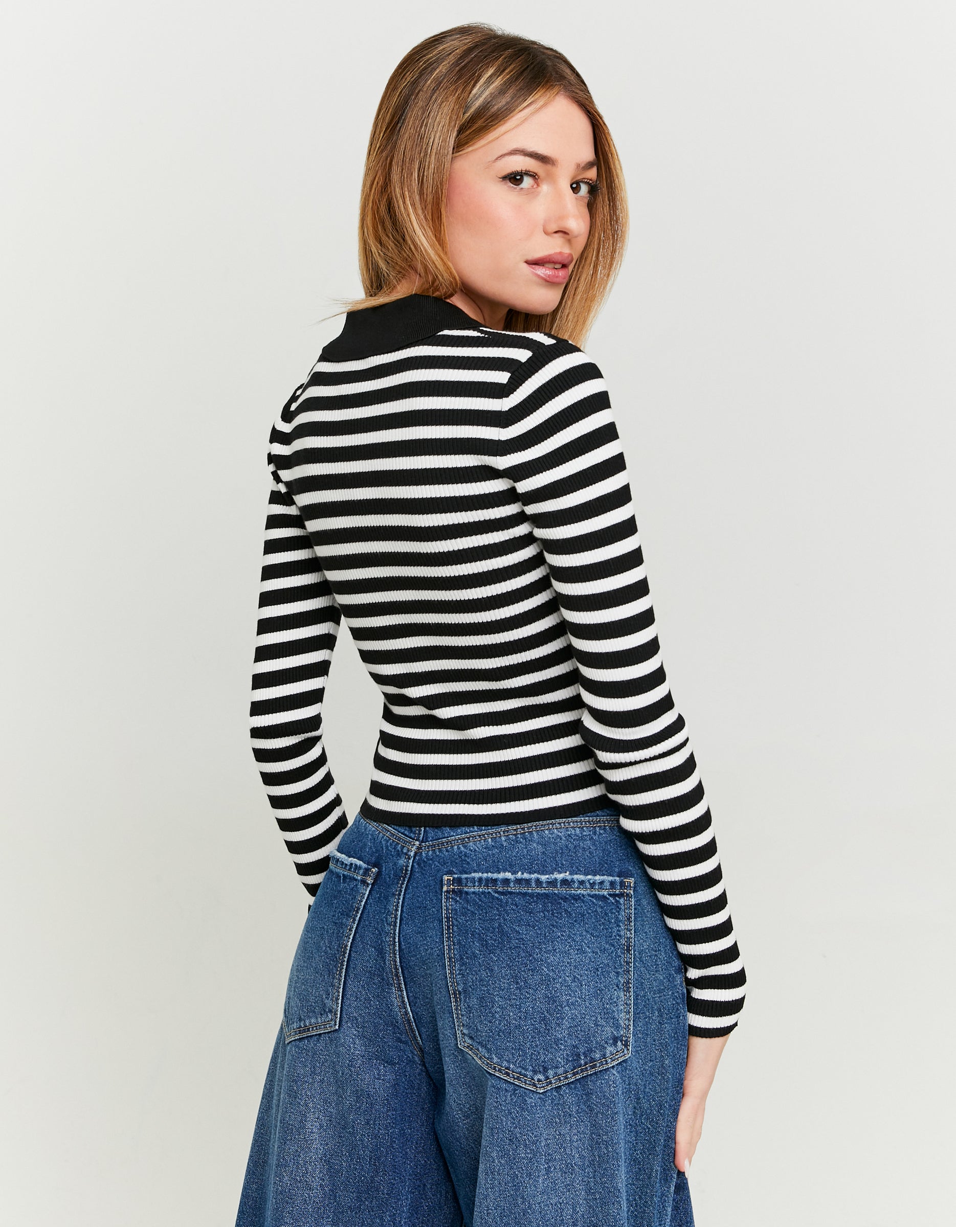 Women's Striped Fitted Top With Polo Neck-Model Back View
