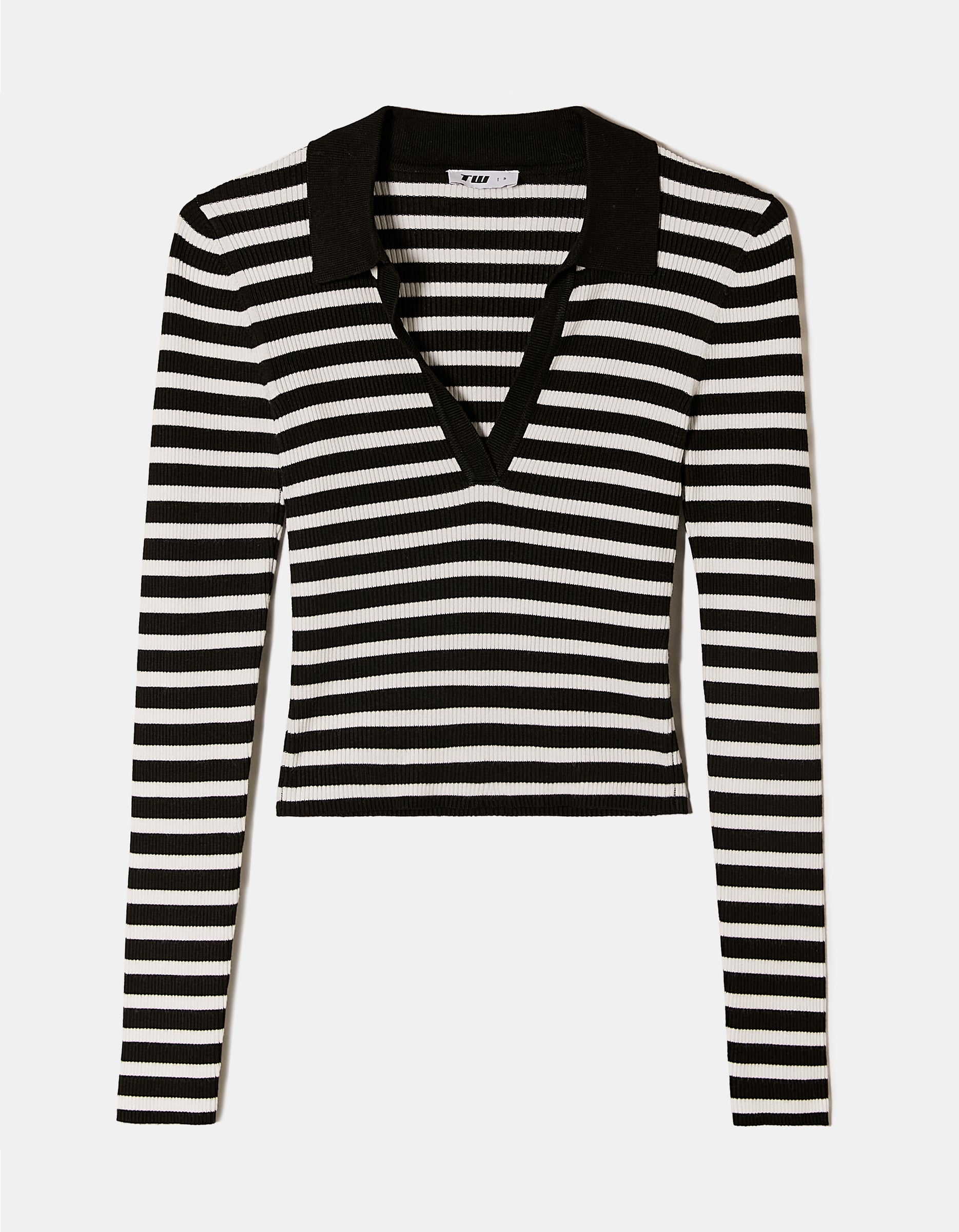Women's Striped Fitted Top With Polo Neck-Ghost Front View