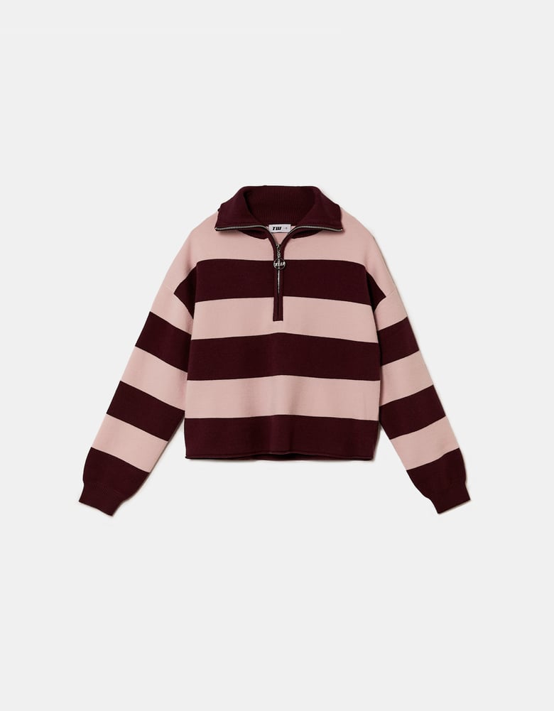 Ladies Burgundy Striped Jumper-Ghost Front View