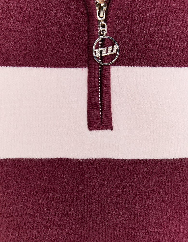 Ladies Burgundy Striped Jumper-Zip Fastening View