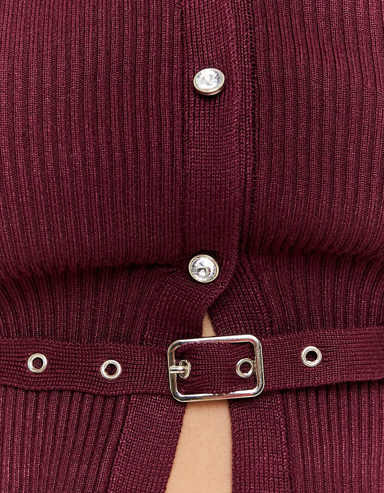 Ladies Purple Knitted Cardigan-Front Button View