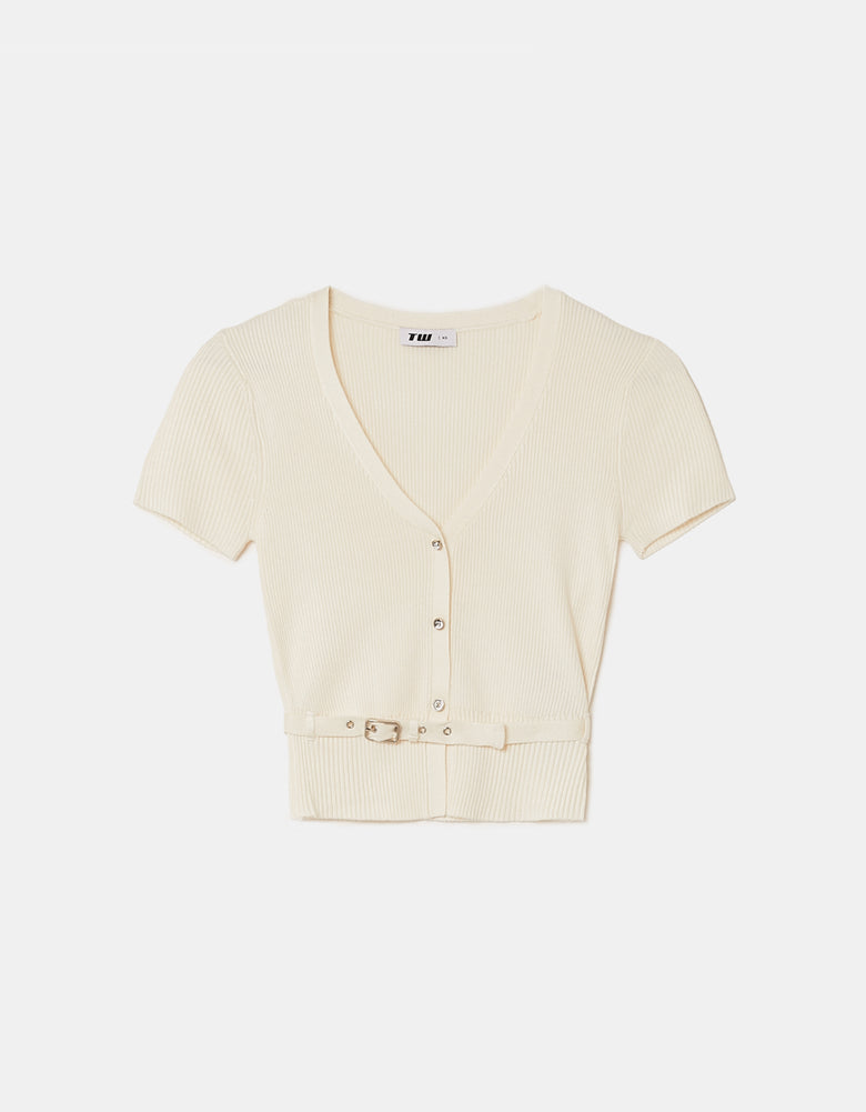 Ladies White Knitted Cardigan-Ghost Front View